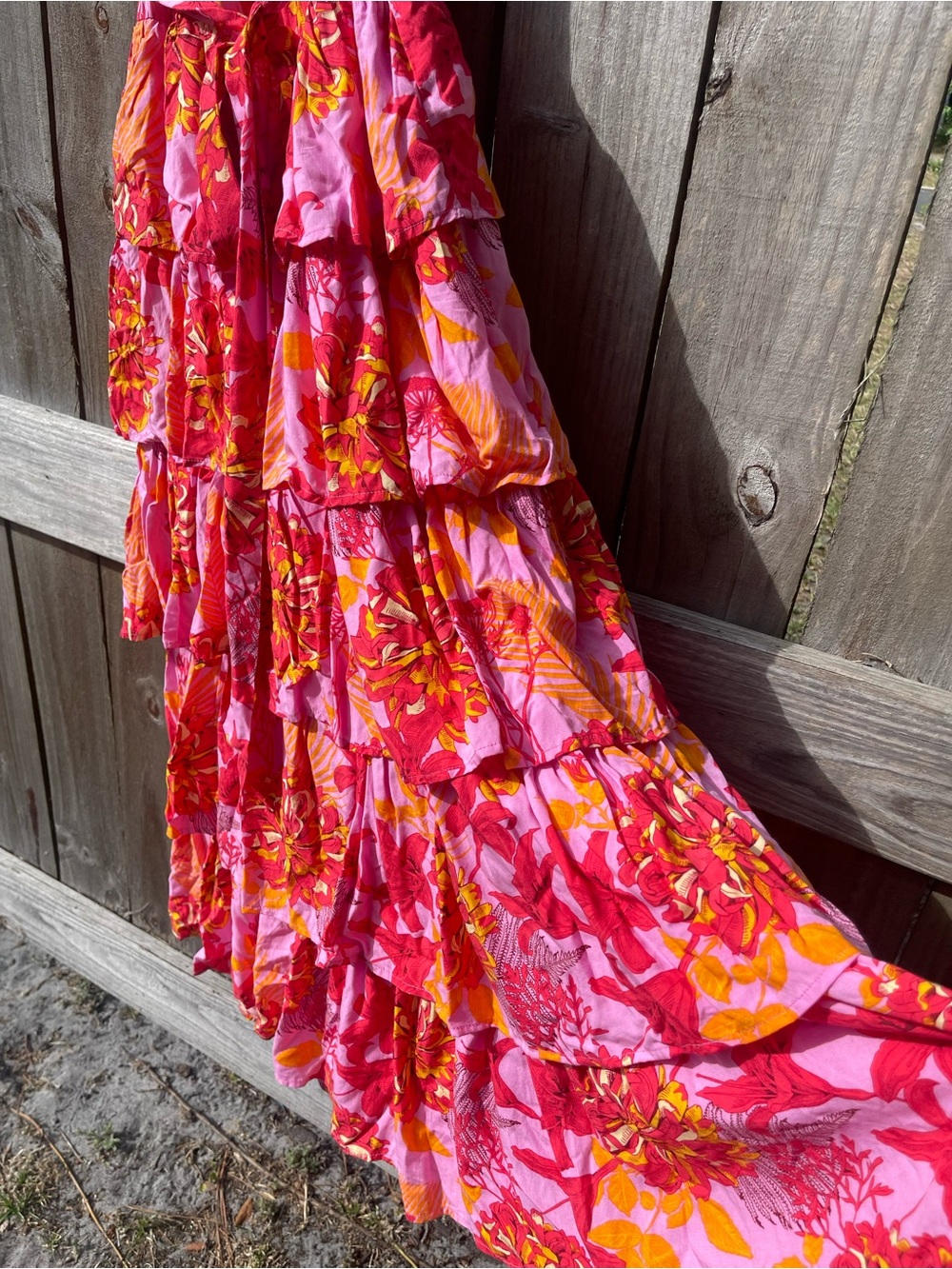 entro Pink & Orange Floral Tiered Ruffle Strap Maxi Dress Sz S - Picture 4 of 11